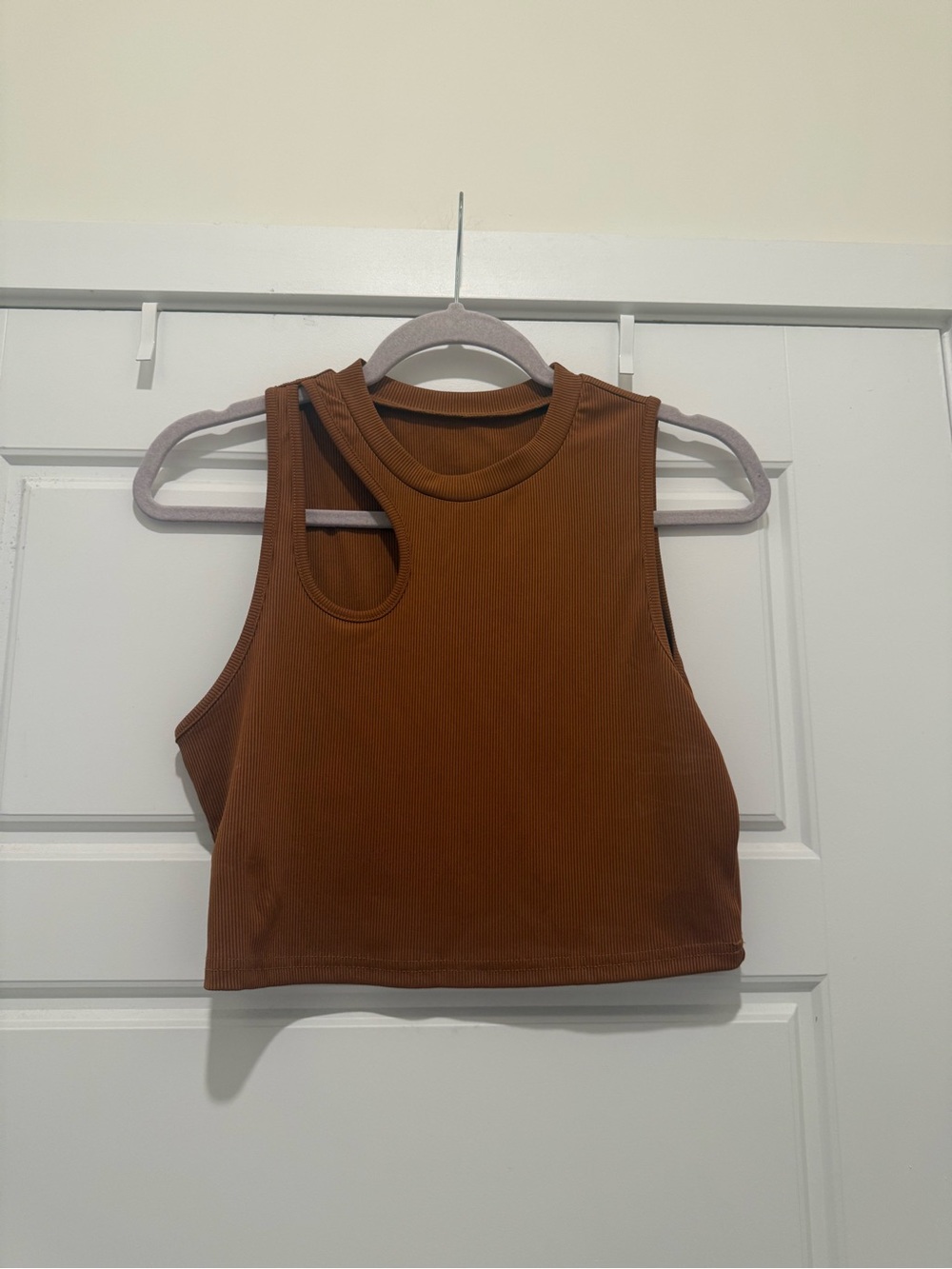 SHEIN Brown Ribbed Asymmetric Cutout Crop Top